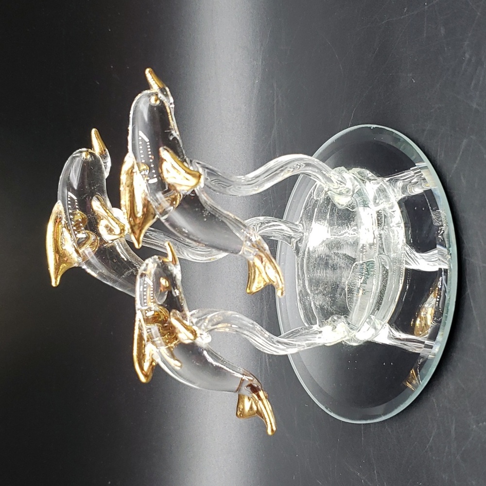 Hand Crafted Artglass Dolphins on a mirror base